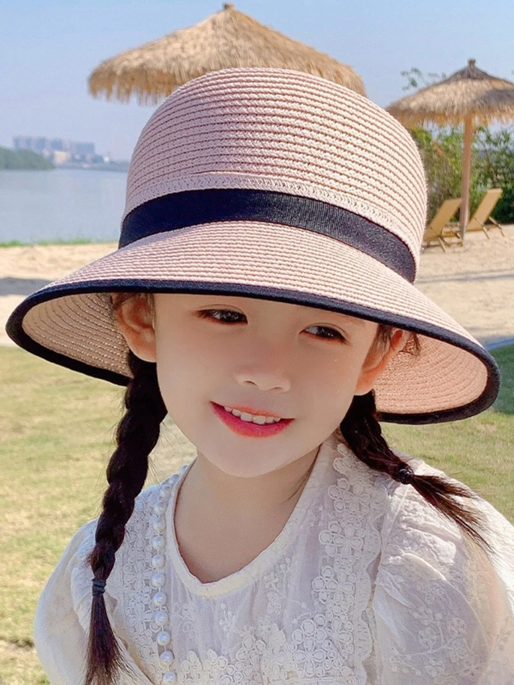 Kids Straw Sun Hat with Navy Trim - Child Beach Hat
